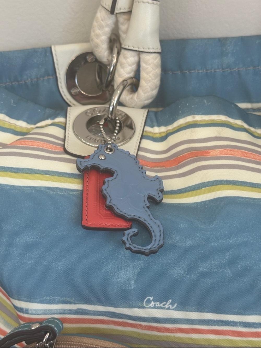 Coach Seaside Striped Canvas Tote, Scarf, Seahorse Hangtag & matching wristlet - Picture 3 of 15